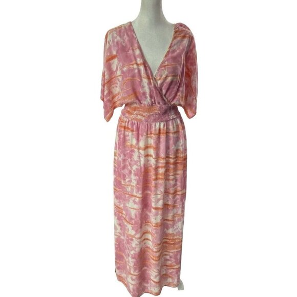 KNOX ROSE Maxi Dress V Neck Short Sleeve Side Slits Tie Dye Pink M 81-30 - Picture 2 of 13